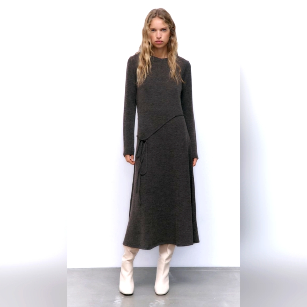 NEW Belted Midi Dress, ZARA, size M, Marl Grey